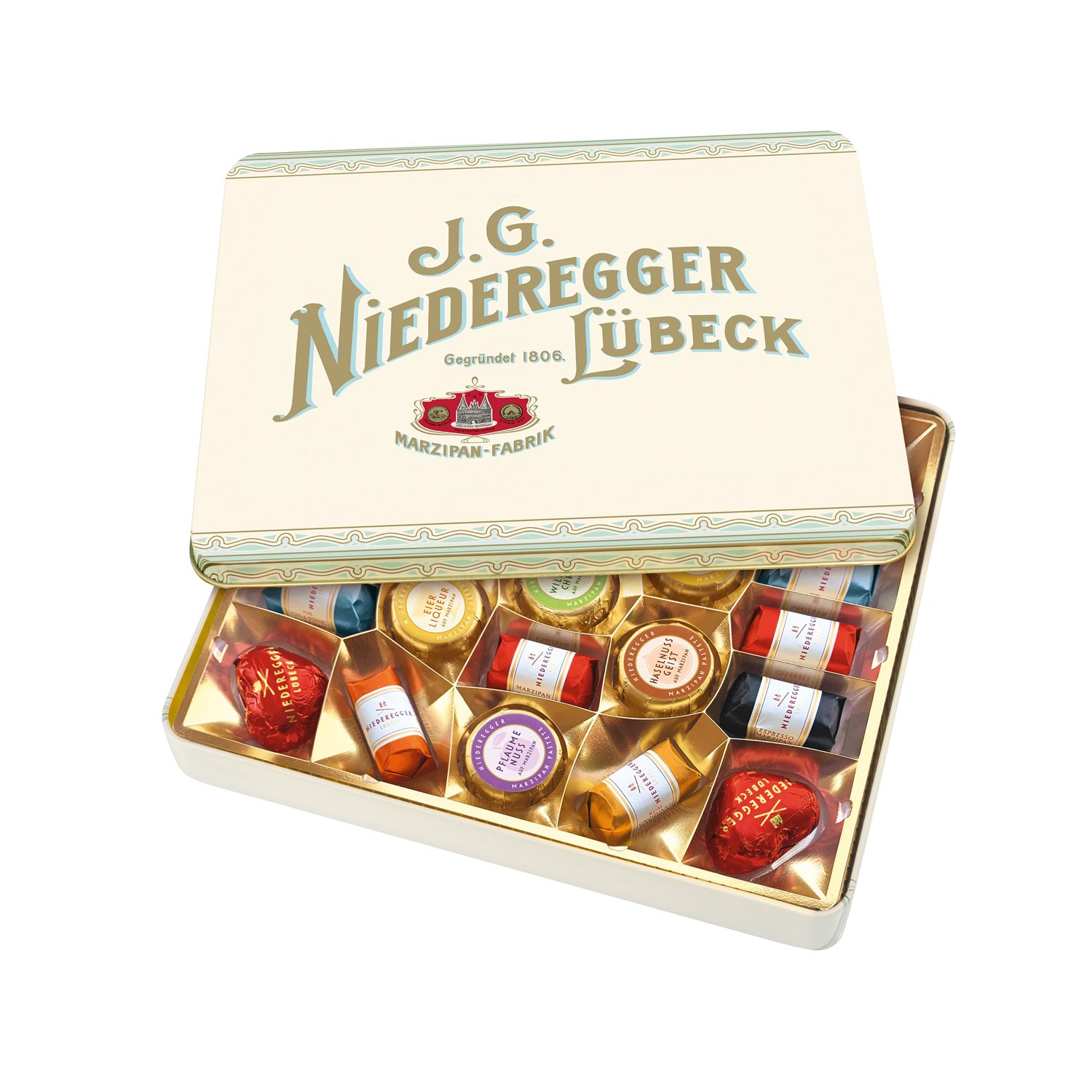 Marzipanerie selection in Nostalgia tin 25.4 x 21.3 x 2.4cm 5x298g