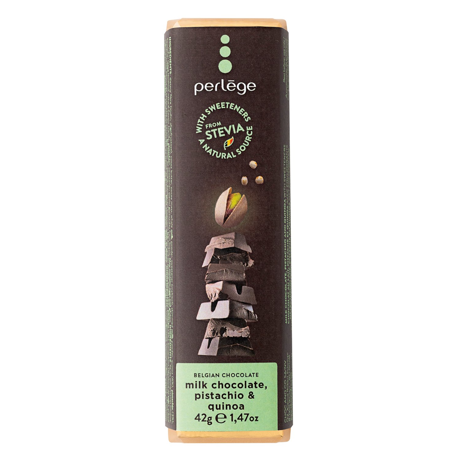 Perl�ge  milk chocolate bar with pistachio & quinoa 15x42g