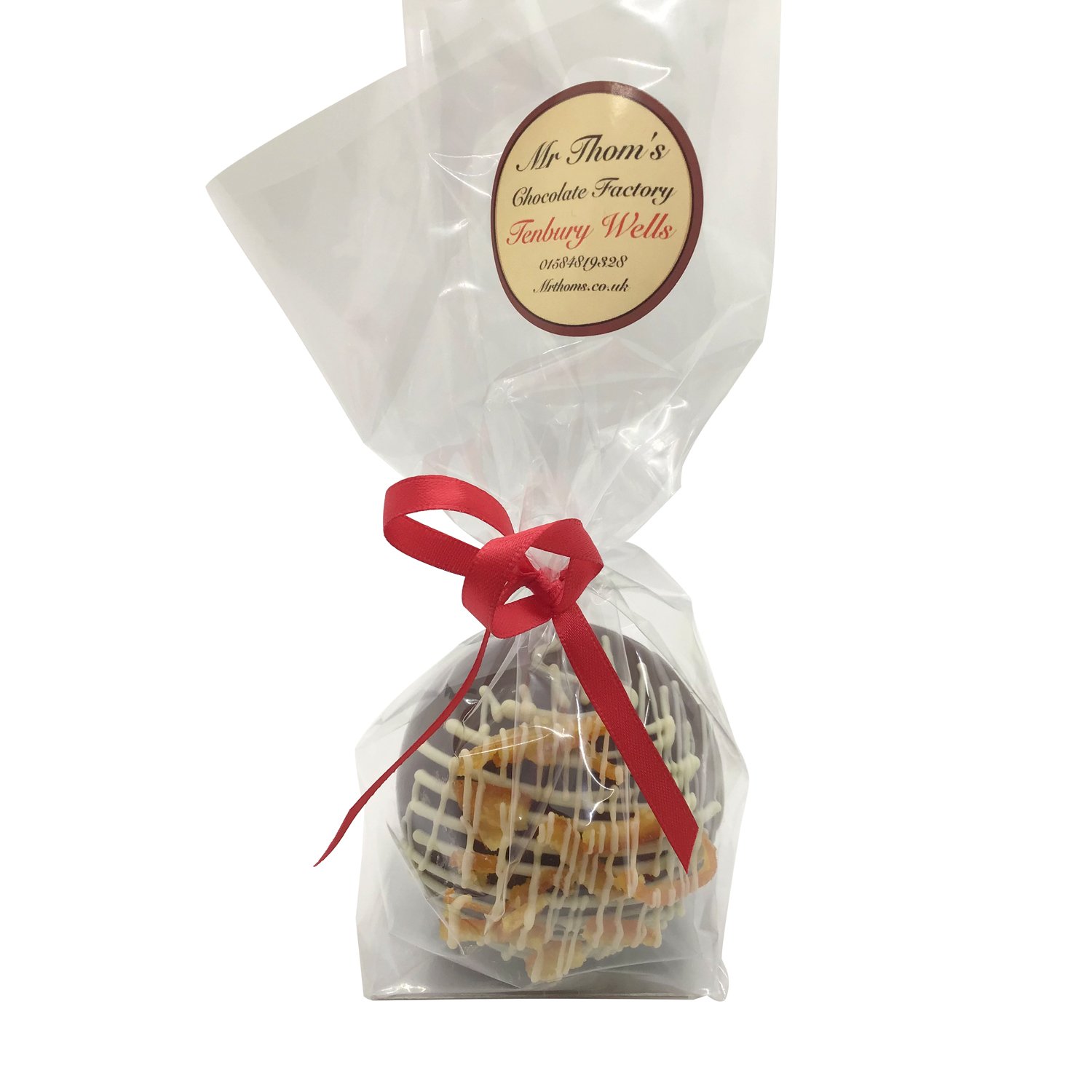 Real orange decorated hollow dark chocolate baubles in cello bag 10x80g