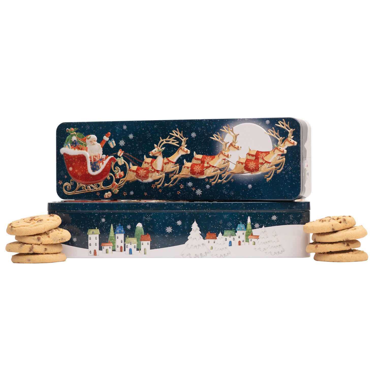 Santa sleigh rectangular tin of milk choc chip biscuits - VAT FREE 12x225g