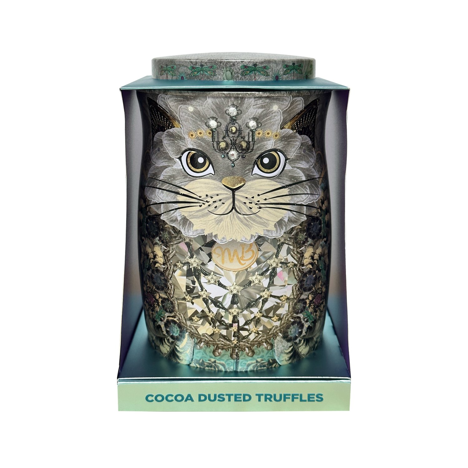 Diamond Empress cat tin of assorted cocoa dusted truffles 6x200g