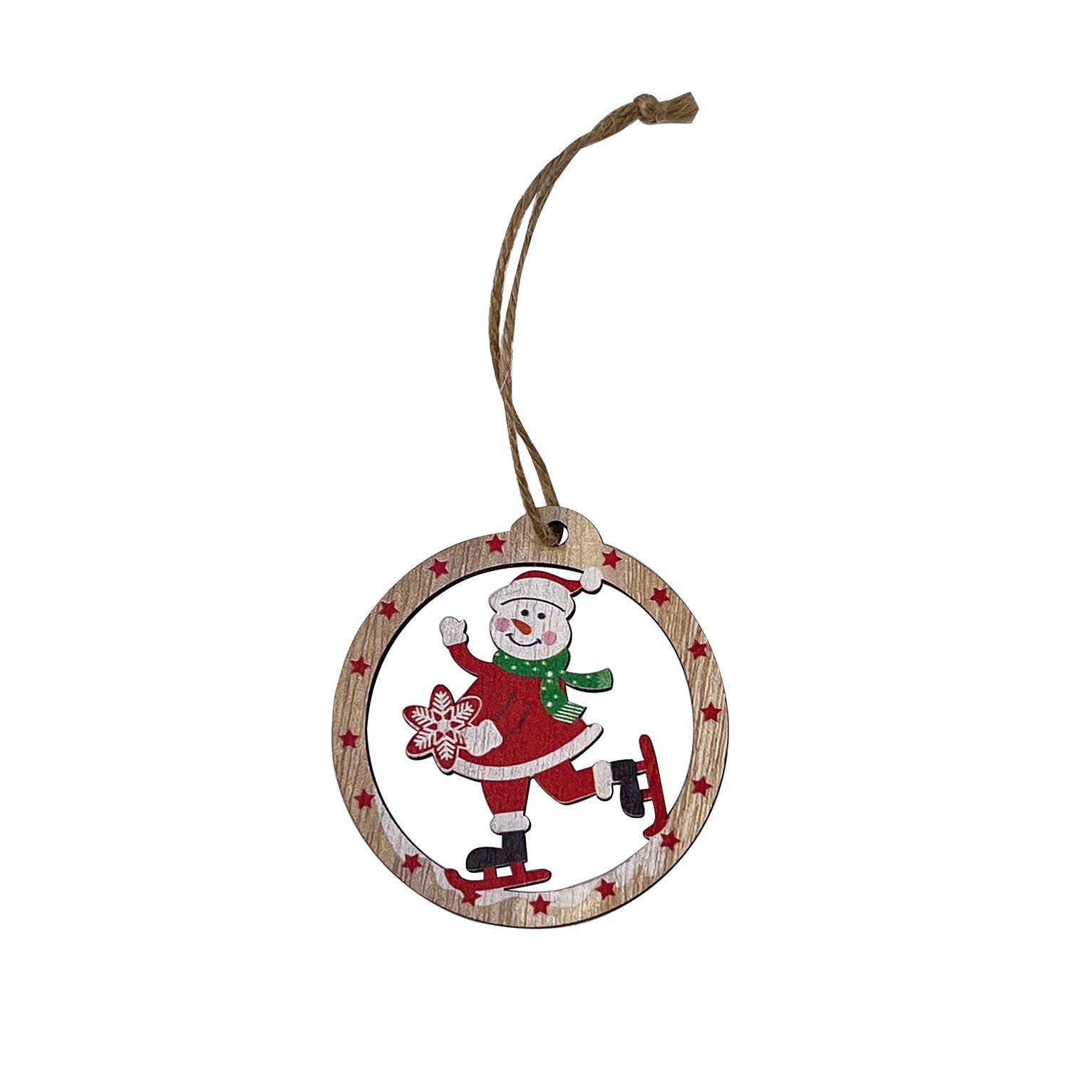 Wooden skating snowman hanger with rope loop 7 x 6.5cm x 24pcs