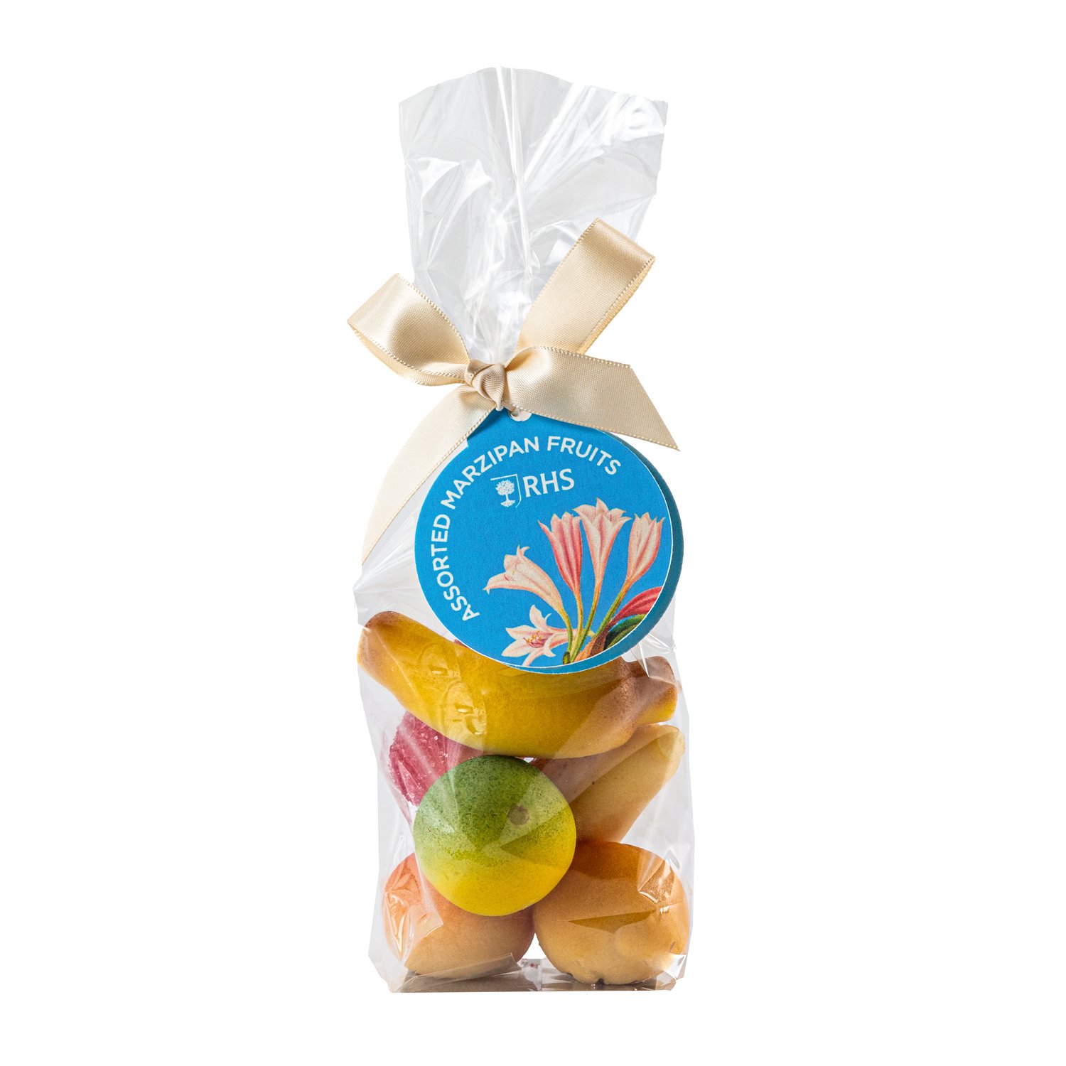 Assorted marzipan fruits in cello bag with ribbon & tag 12x135g