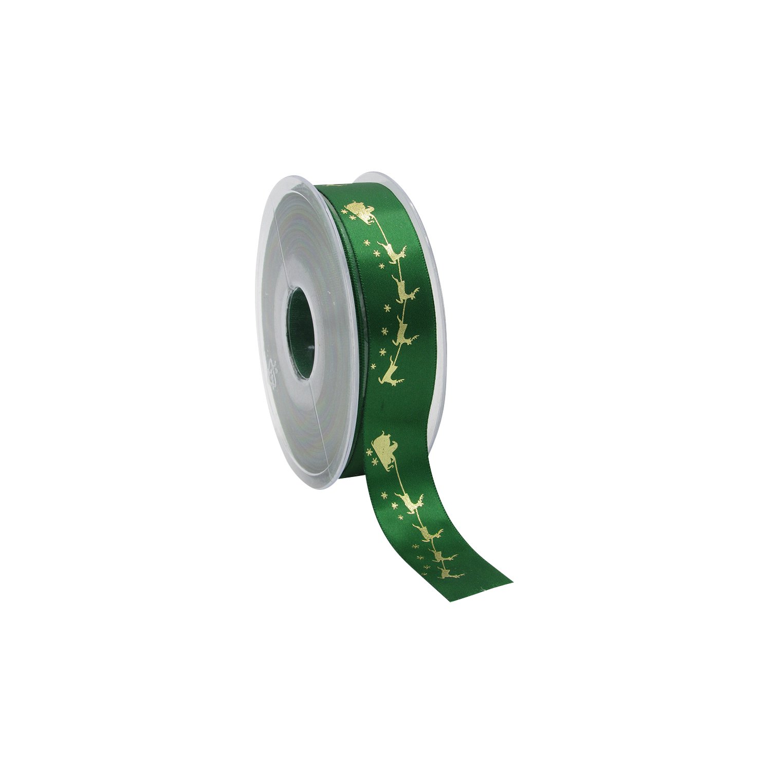Winter green single faced satin ribbon with gold Santa on sleigh 23mmx25m