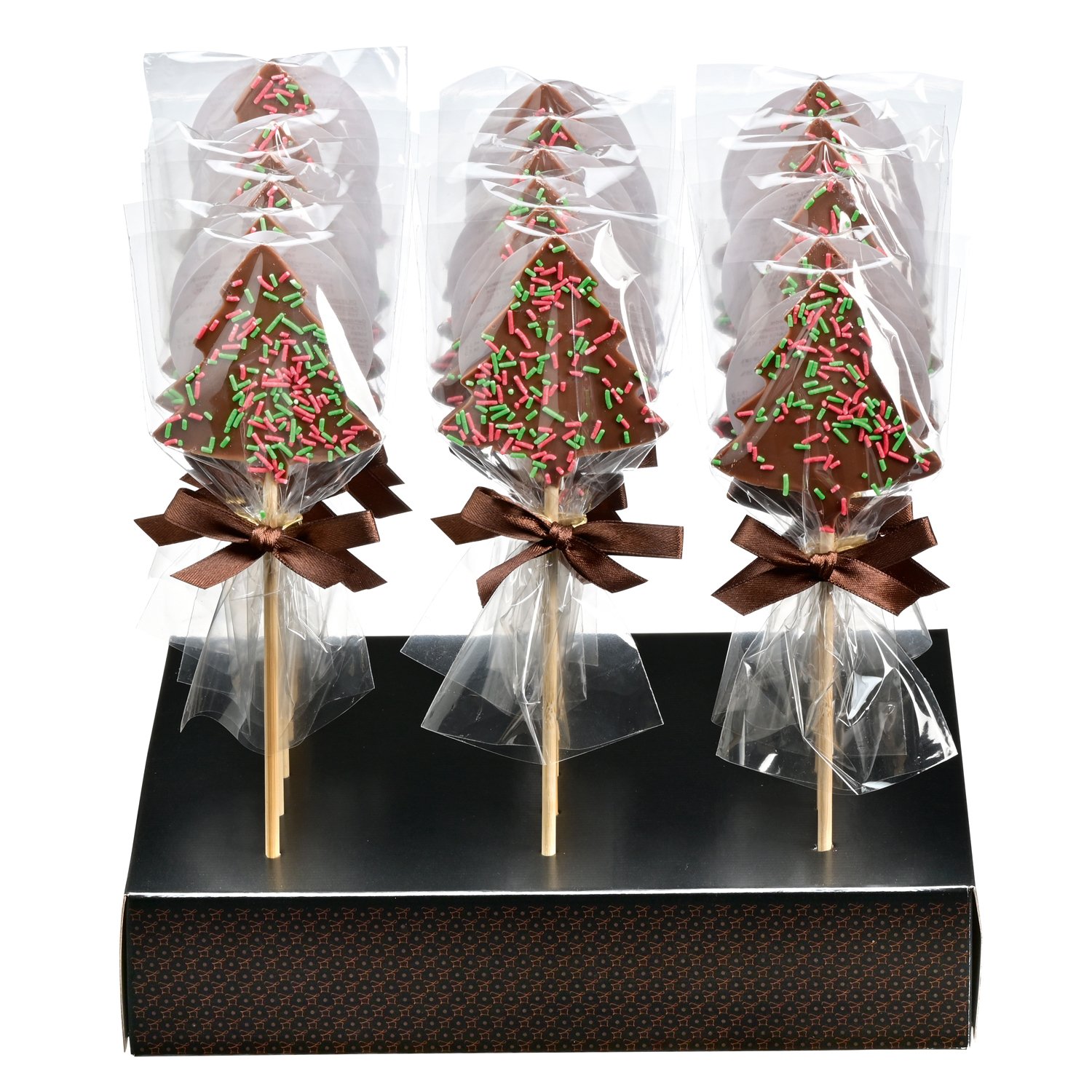 Decorated milk choc Christmas tree lollipops in display 18x35g