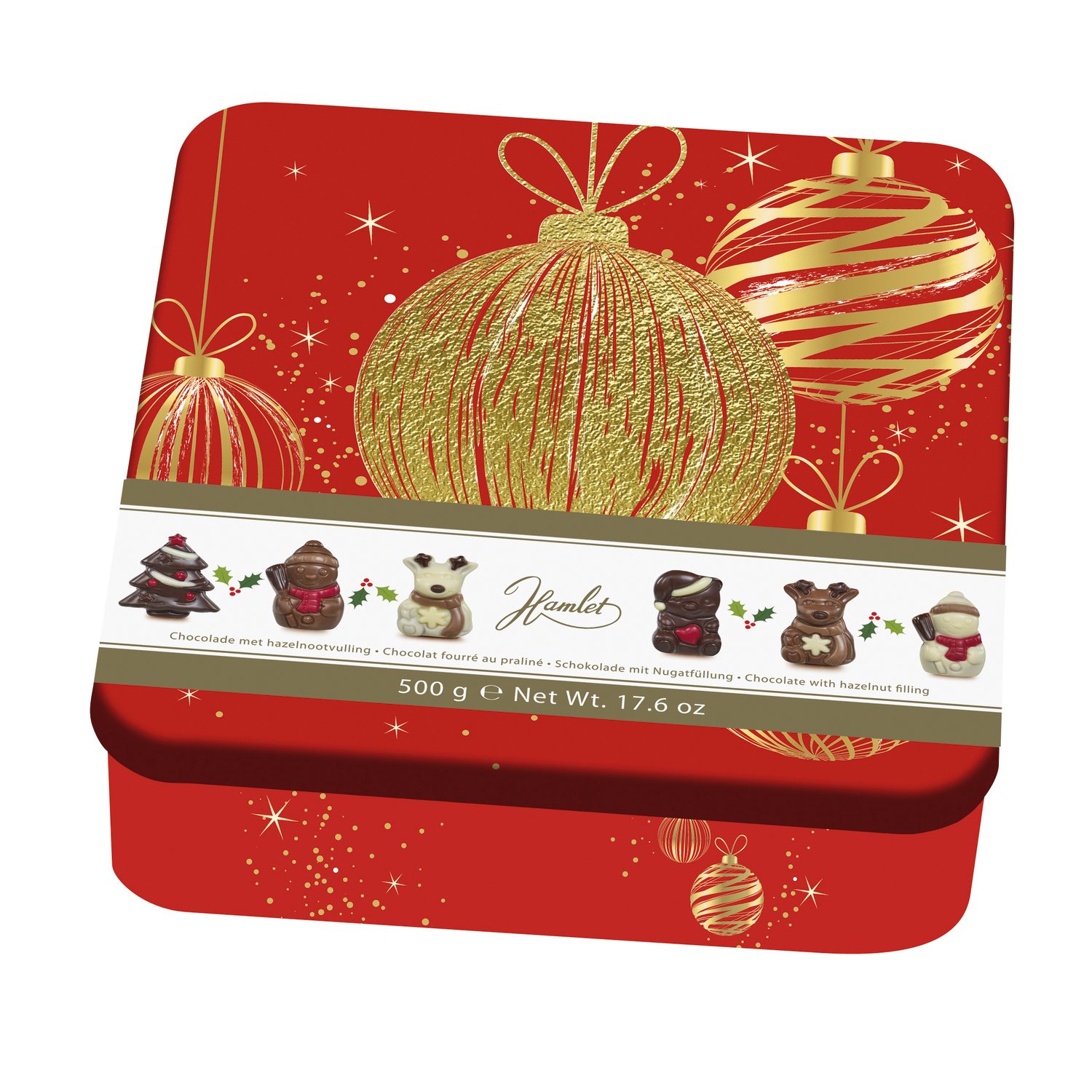 Hamlet trio of festive tins with praline filled Christmas figures (3 cols) - 10x500g