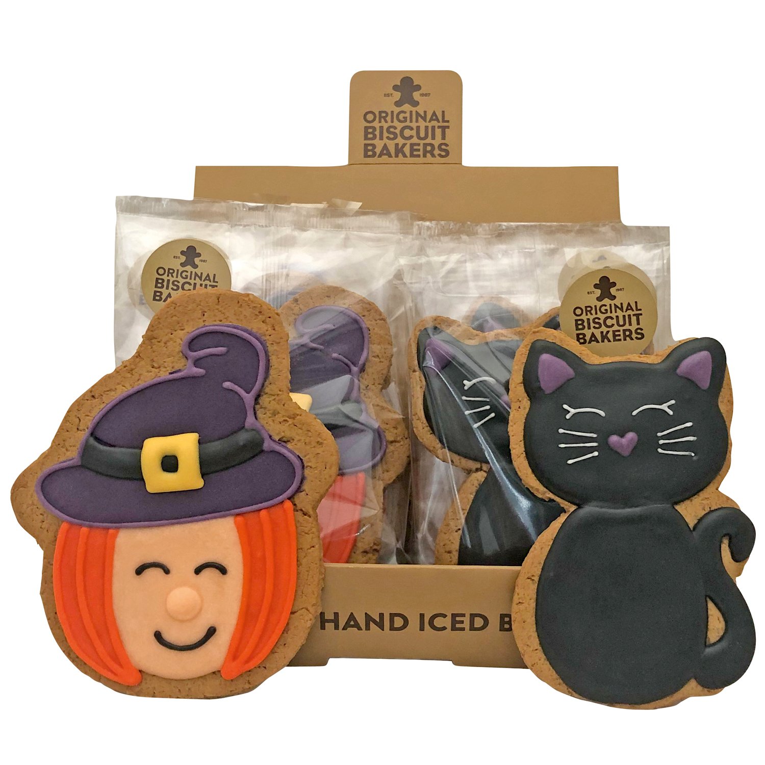 Witch and Cat iced gingerbread biscuits in display - VAT FREE x 16pcs
