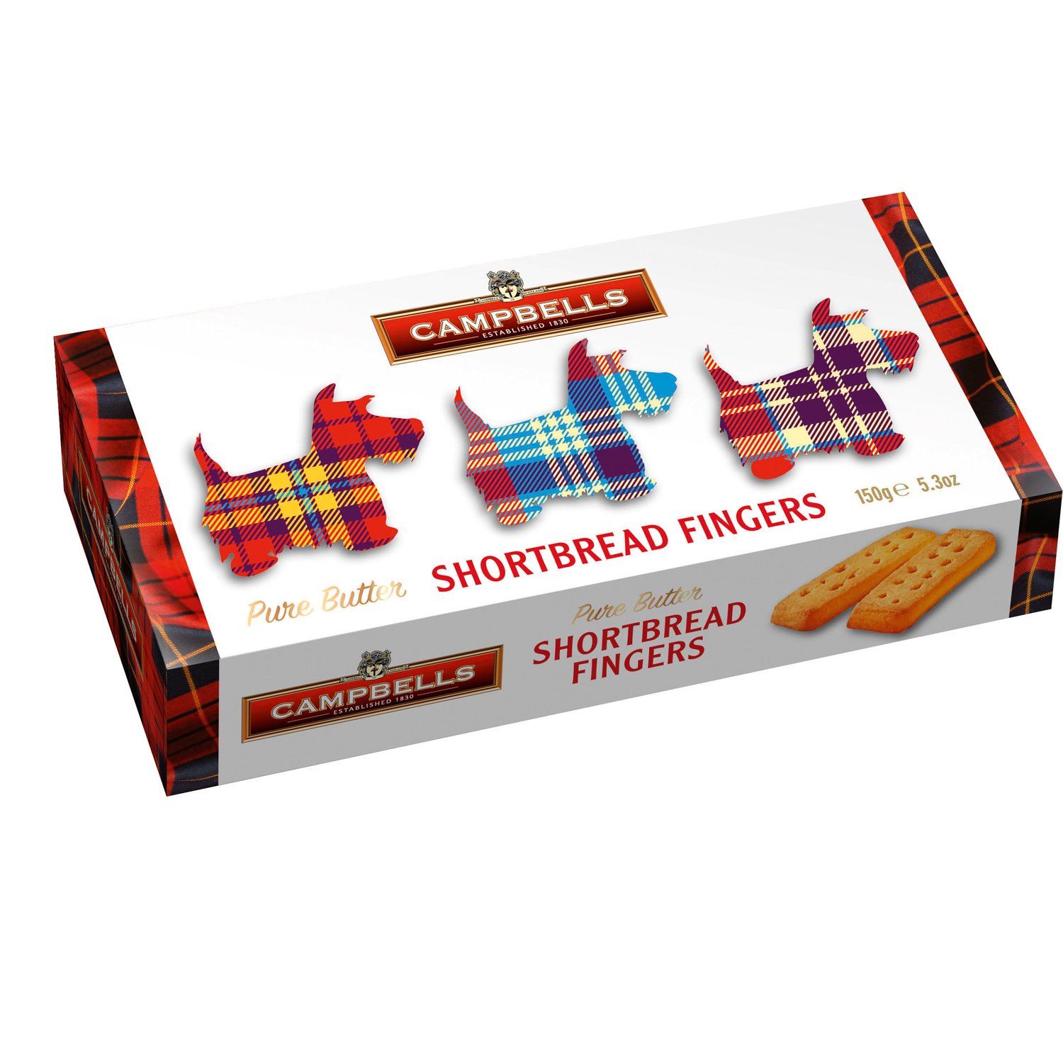 Tartan dog carton of shortbread fingers - VAT FREE 24x150g
