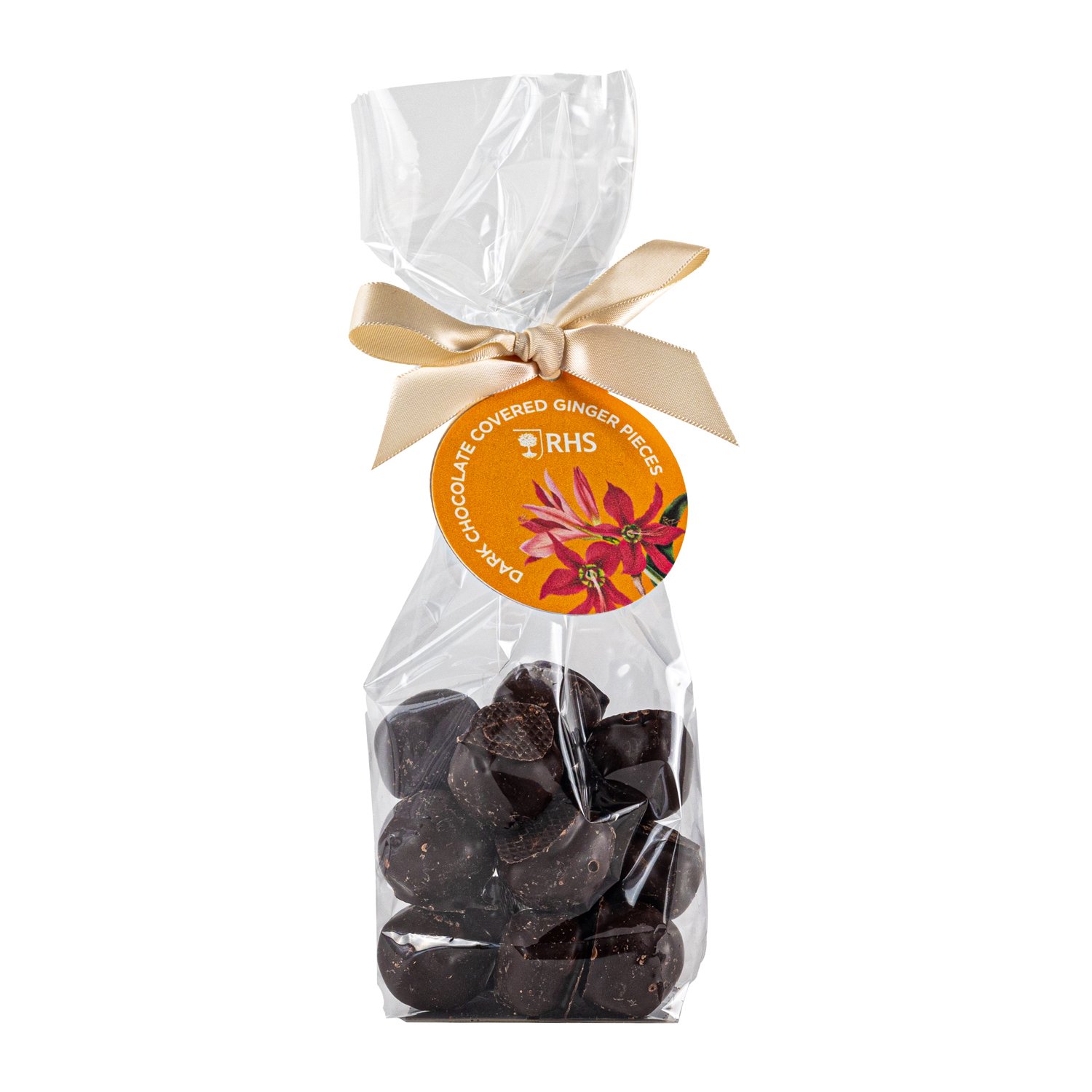 Dark chocolate covered ginger in cello bag with ribbon & tag 12x135g