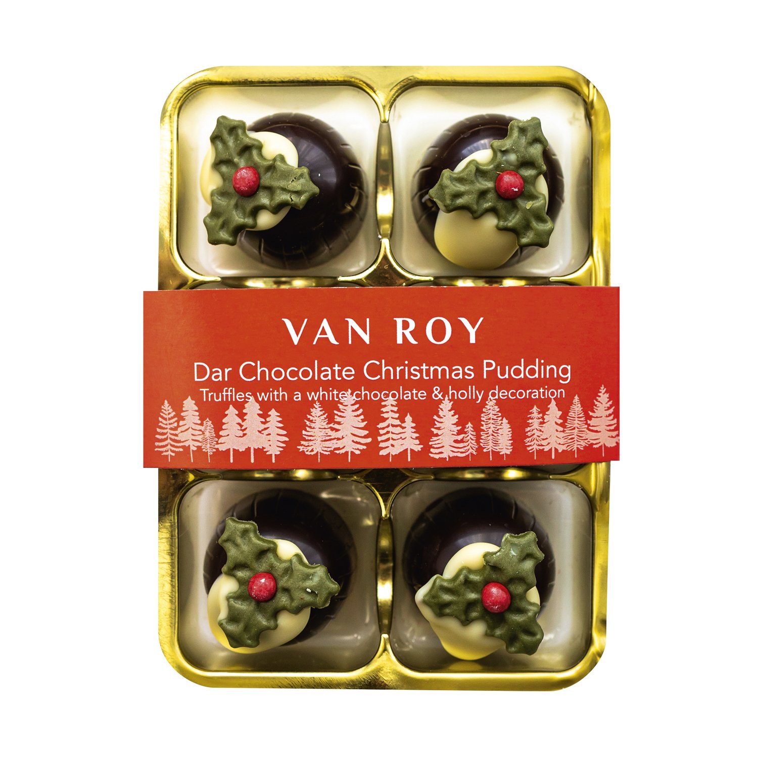 Dark choc Christmas pudding with rum truffle centre in clear gift pack - 6x65g