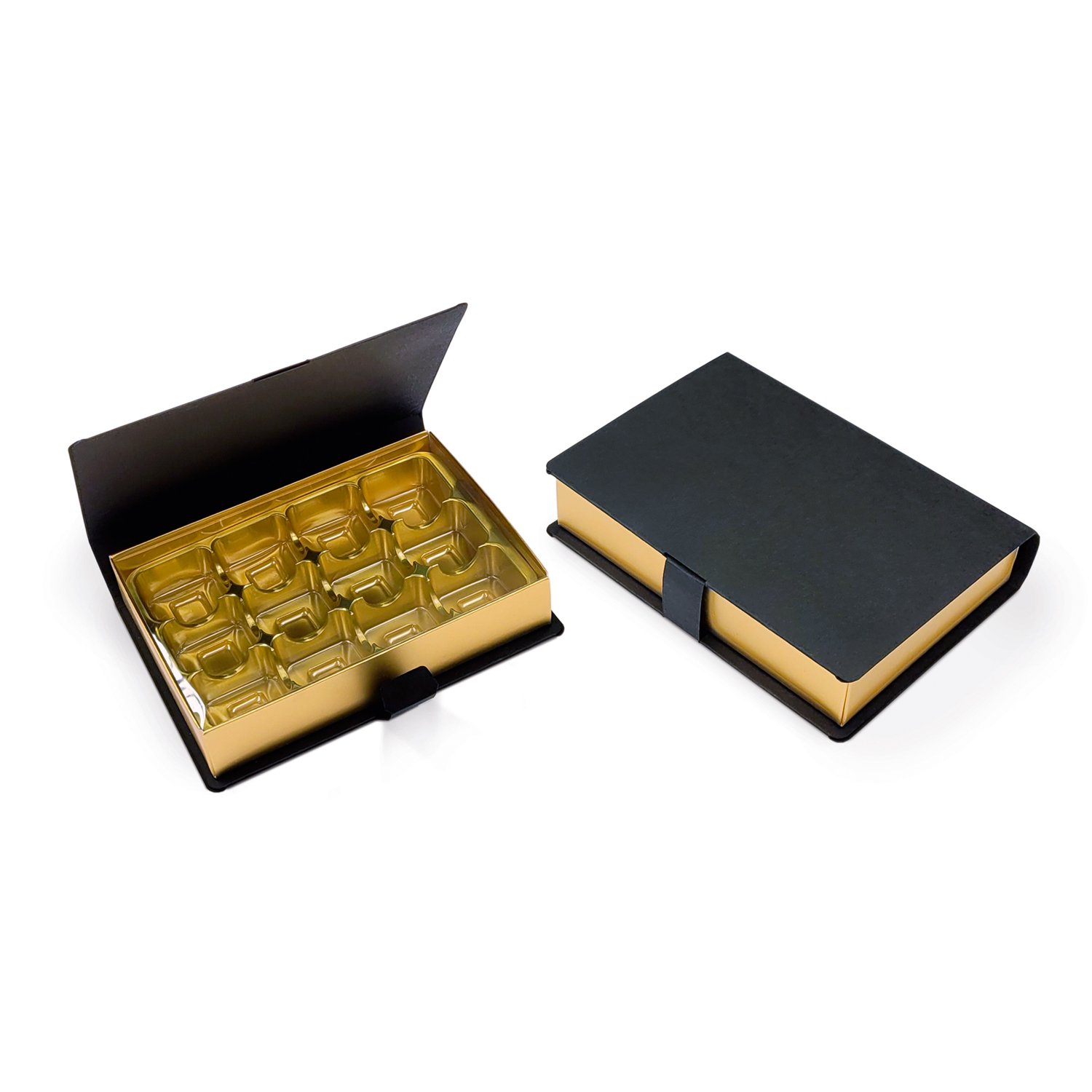 THS Packing - 12 choc hinged lid book box with gold vac tray 157 x 110 x 32 x 10pcs