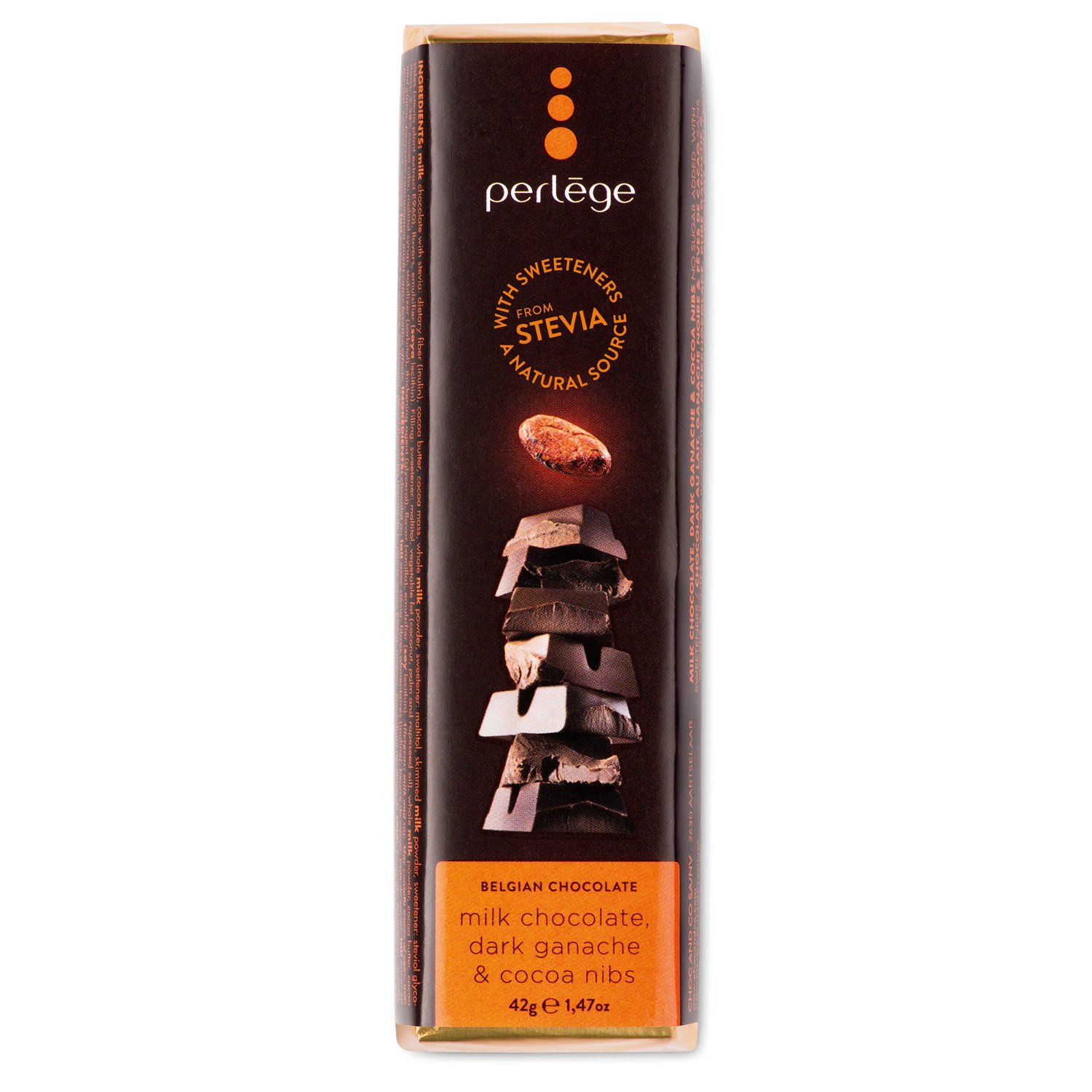 Perl�ge  milk chocolate bar with dark ganache & cocoa nibs 15x42g