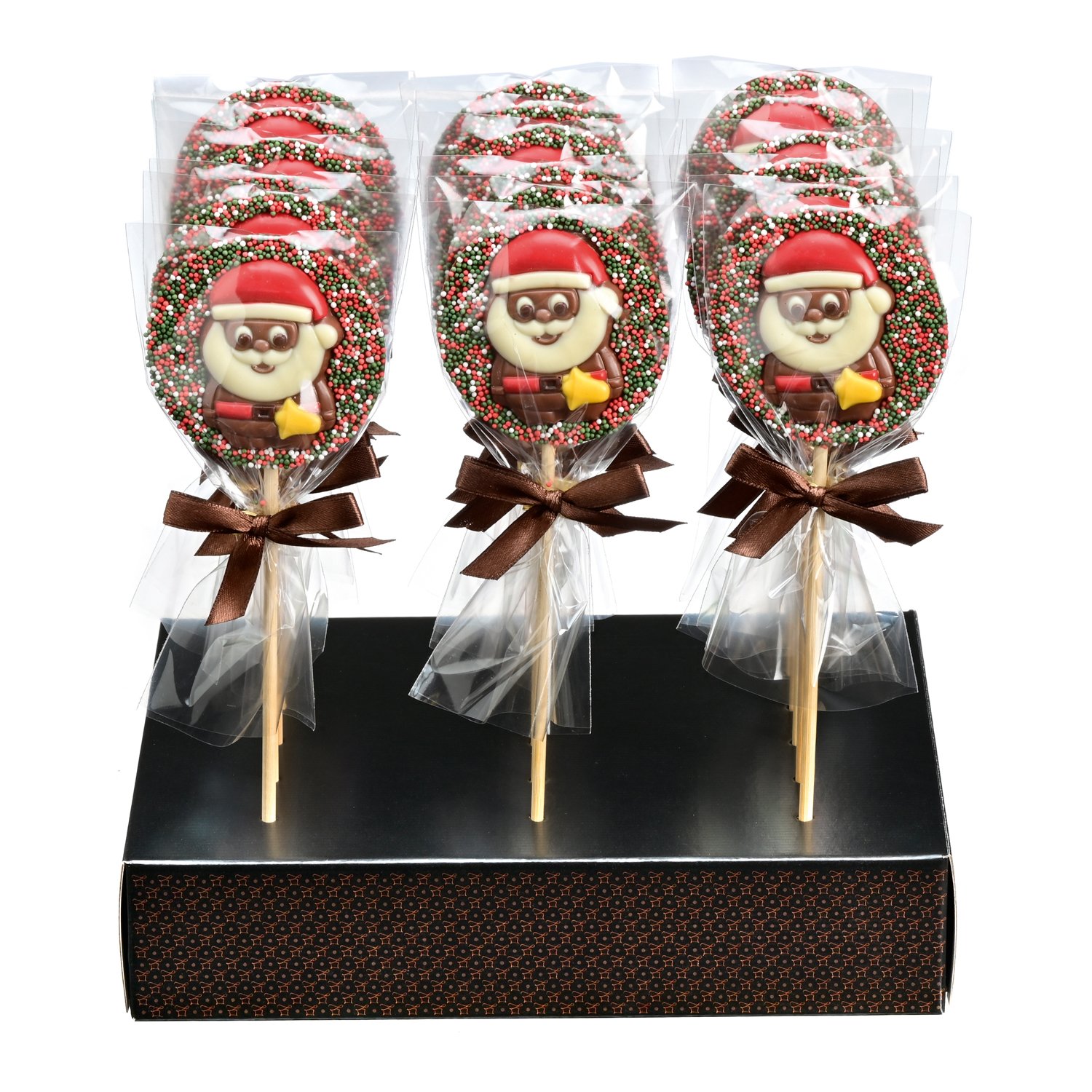 Decorated milk choc lollipops with Santa plaque in display 18x45g