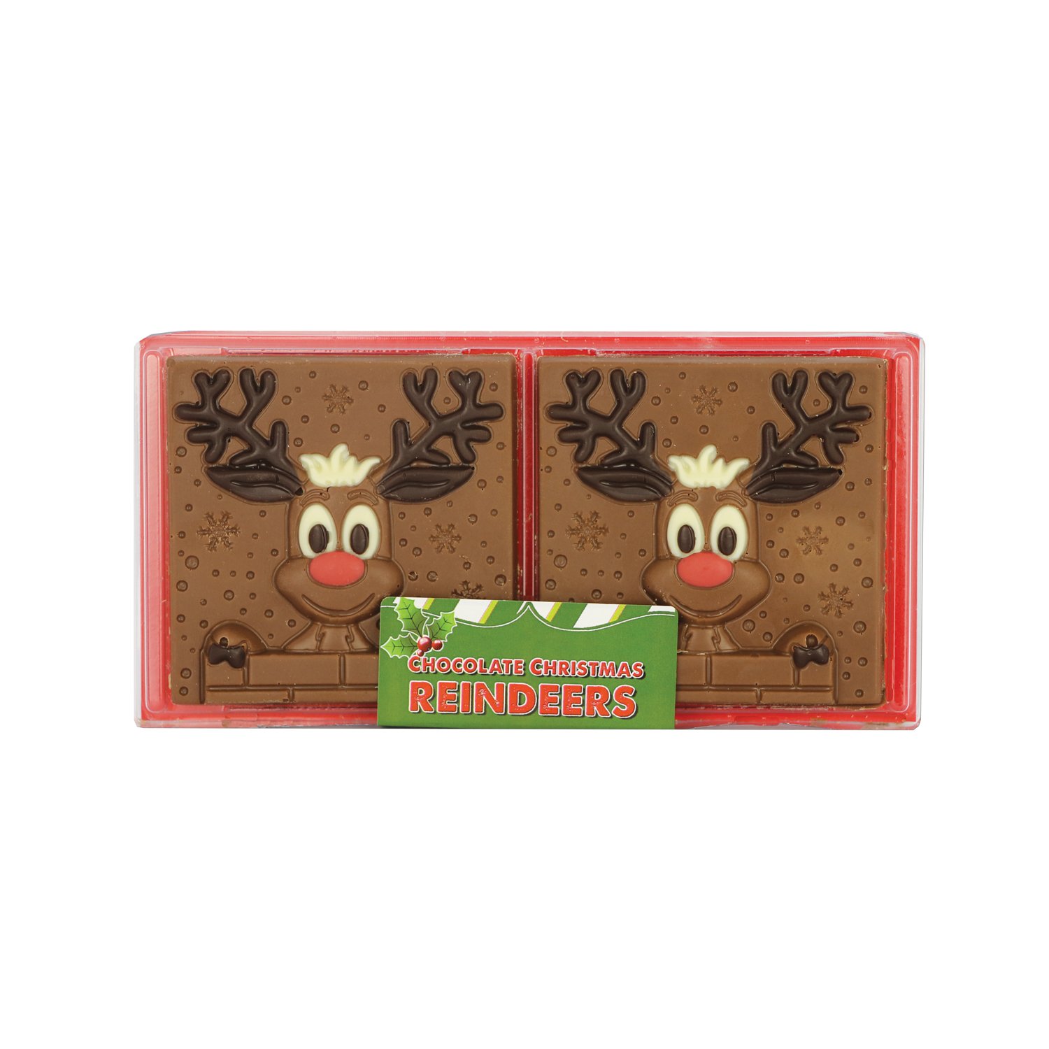 Hand decorated chocolate reindeer duo in acetate pack 12x65g