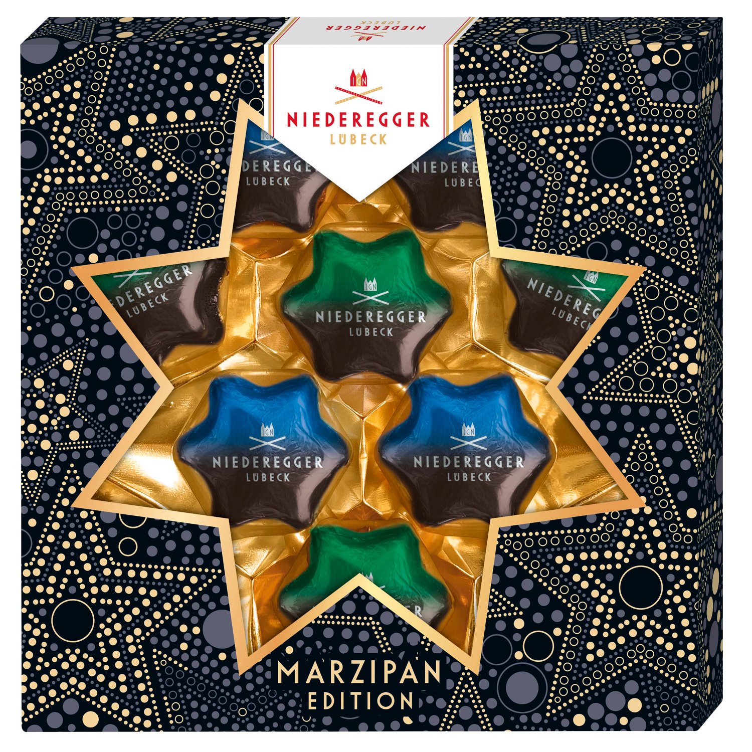 Christmas Stars -  walnut and cashew dark marzipan stars in gift box 10x125g
