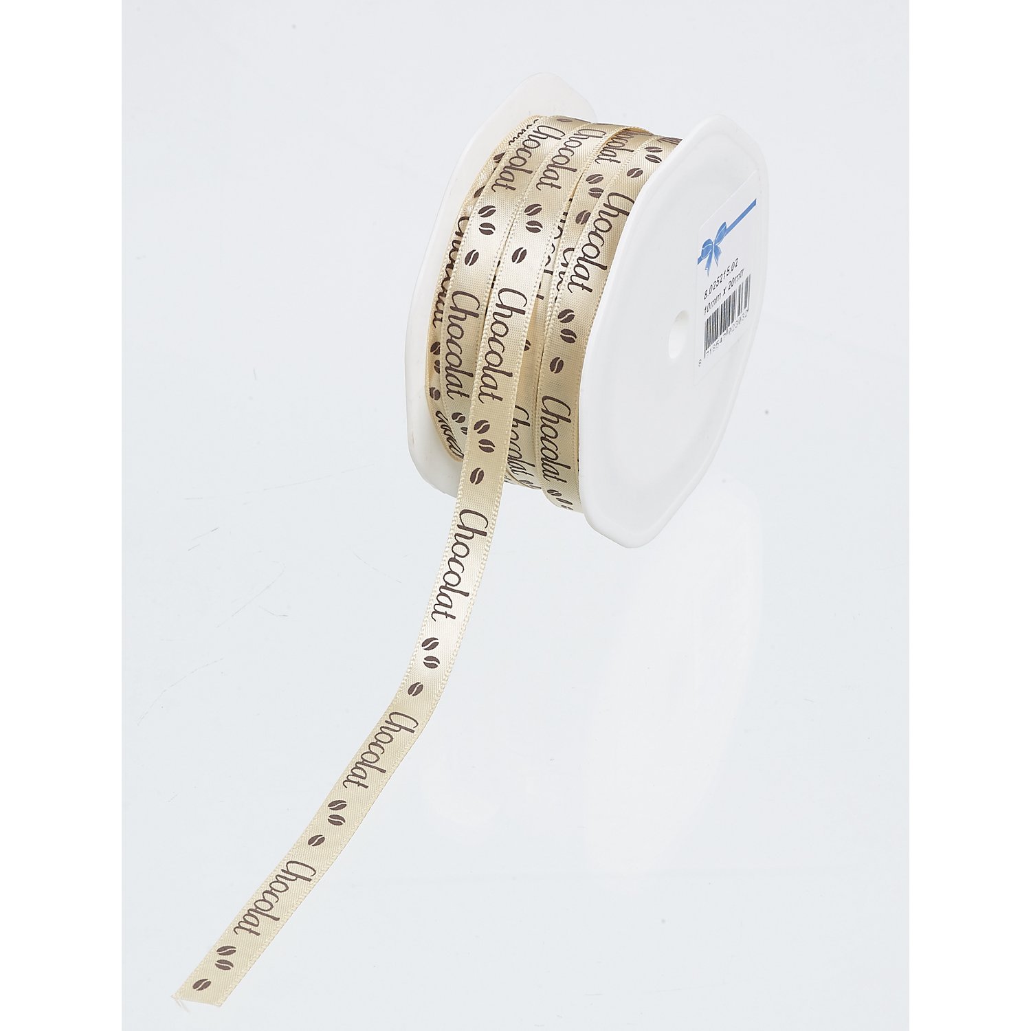 THS Packing - Deep ivory Chocolat printed single faced satin woven edge ribbon x 10mm x 20m