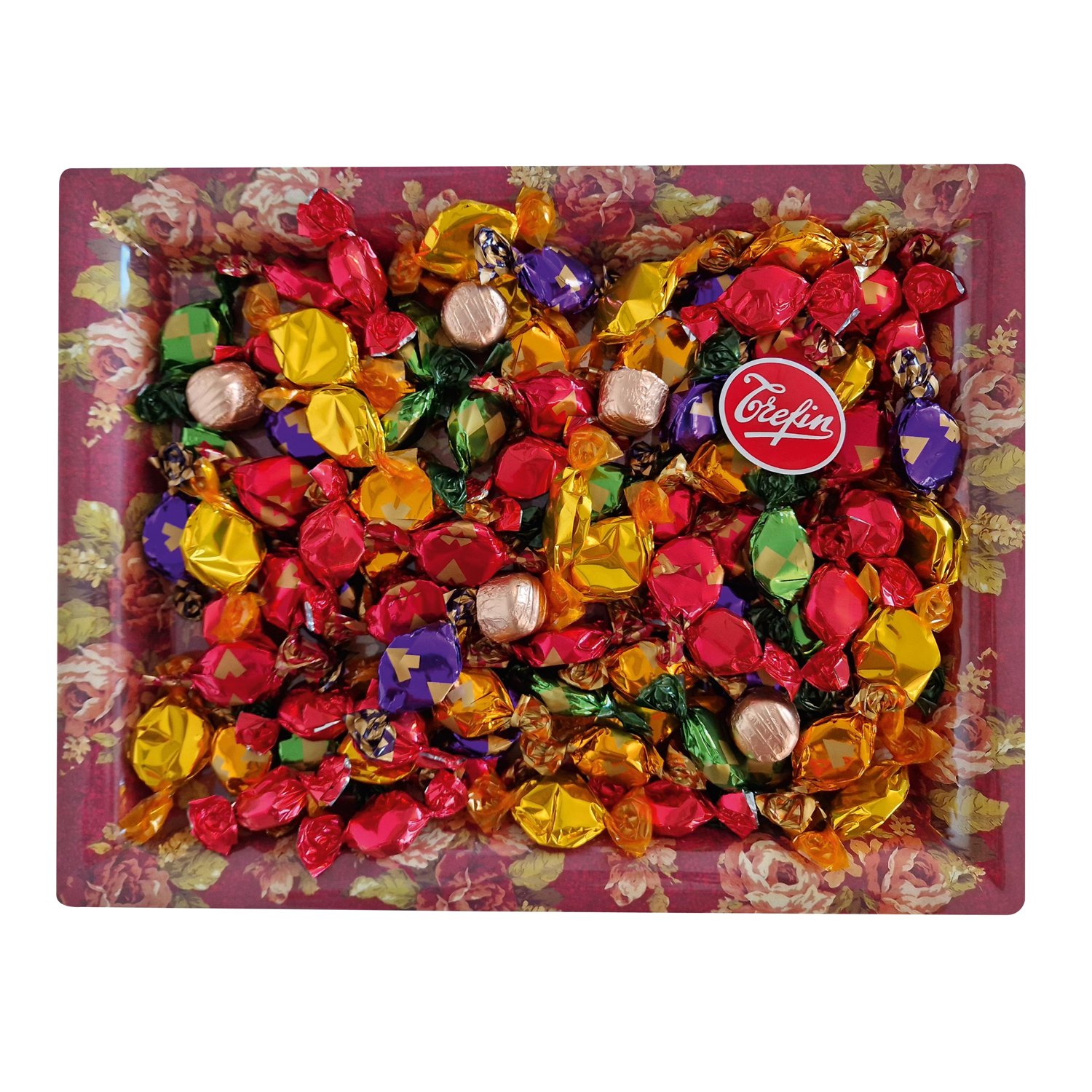 Romantica rose printed platter with twist wrapped toffees and chocs 6x1kg