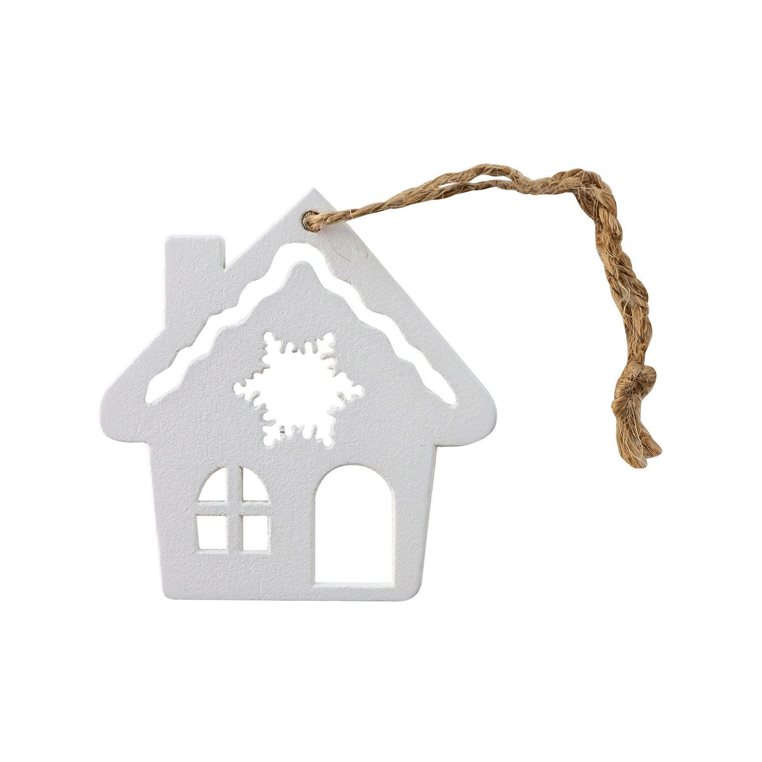 Wooden white house hanger with rope loop 5 x 4.8cm - 24xpcs