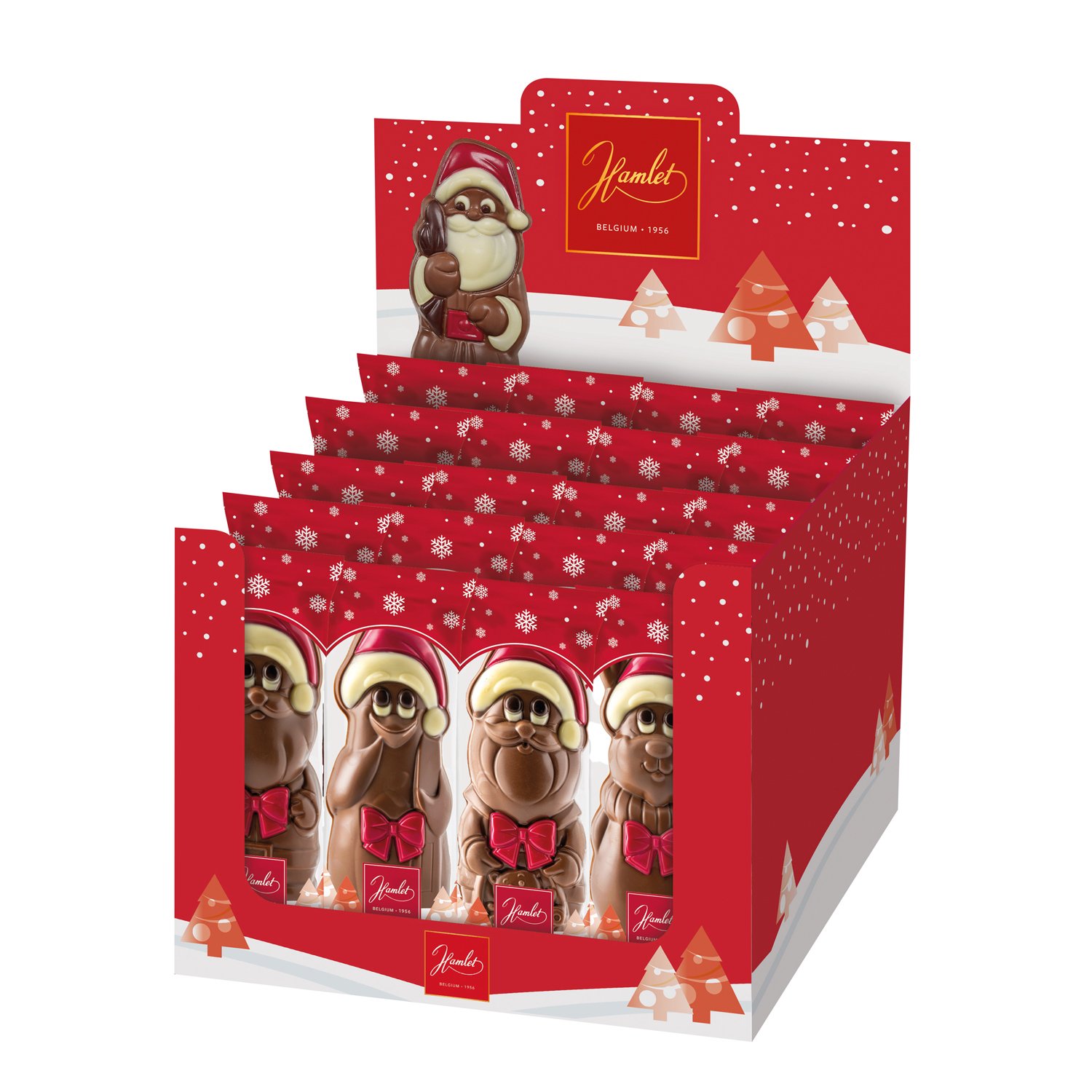 Display of hollow milk chocolate Christmas figures in flowpack - 17cm 20x100g