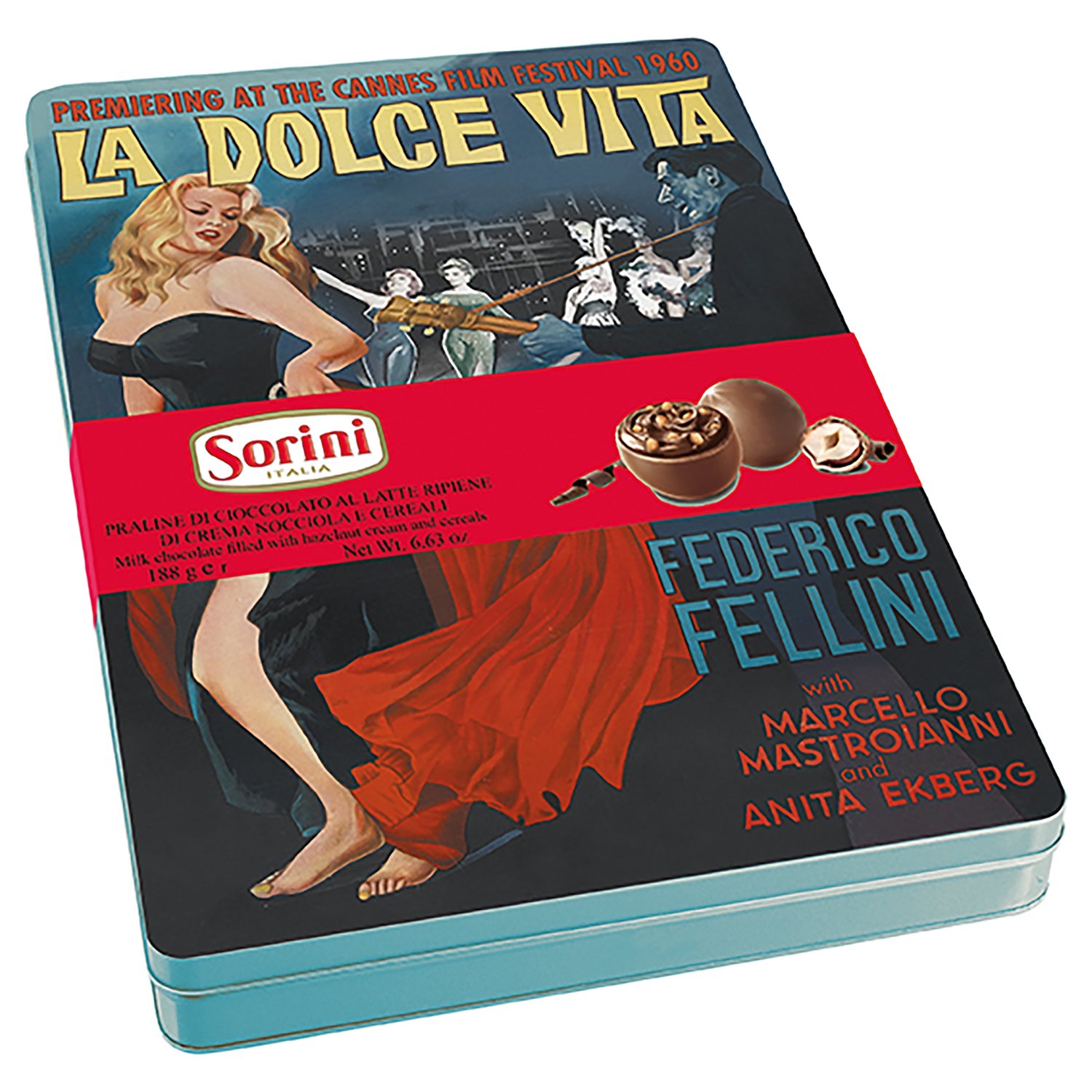 Dolce & Holiday tins with milk choc spheres with hazelnut cream 8x188g