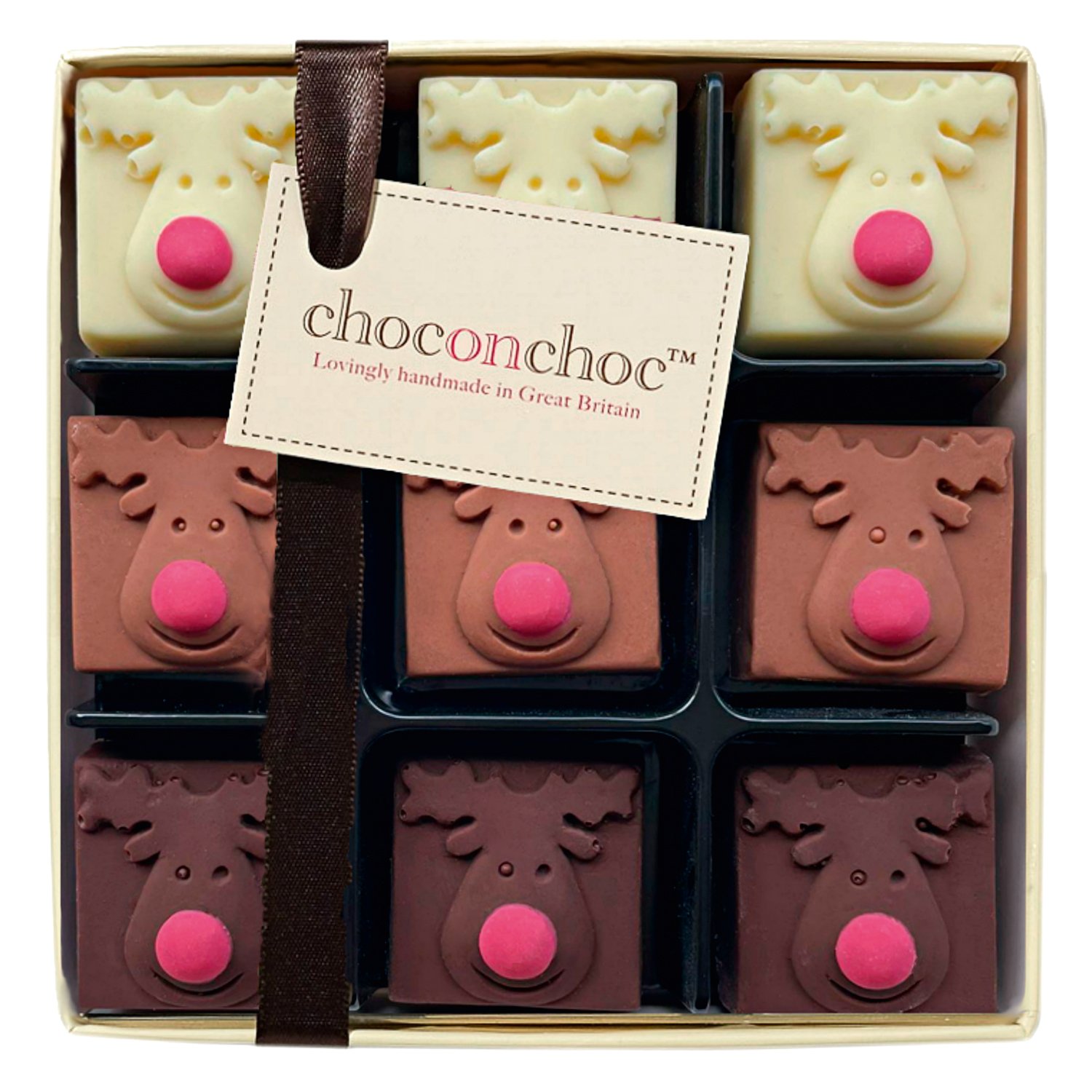 Handmade decorated milk white and dark chocolate reindeer carton 6x90g